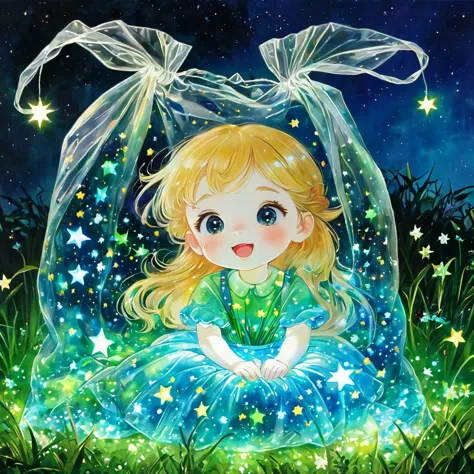 (masterpiece, best quality:1.2),On the grass，Stars in a plastic bag，Luminescence
