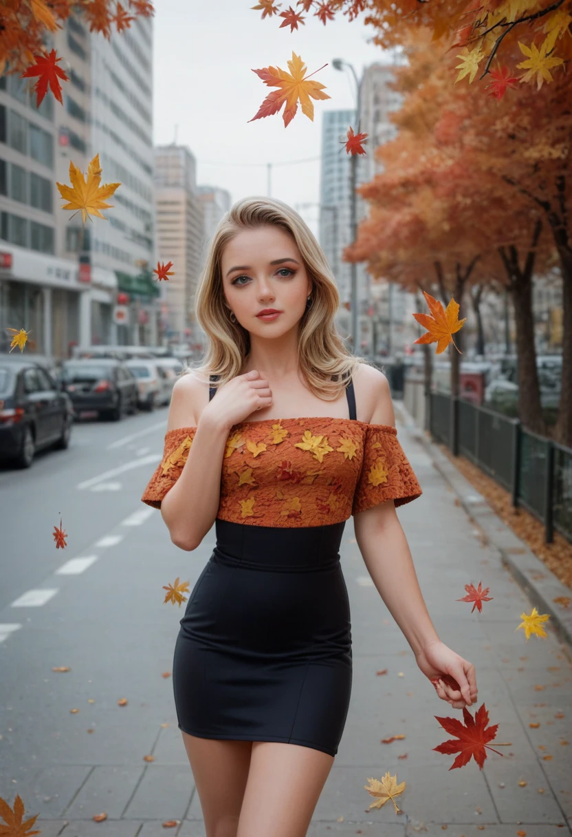 Jenna Fischer, blonde, 25 years old, very classy, model fashion shoot, hair down, bangs, hair between eyes, wearing tube mini dress, (outdoors, new york, autumn setting, autumn leaves), beautiful eyes, flirting with the camera, gorgeous hair, flirty, makeup, 135mm, Canon, f/16, UHD, anatomically correct, masterpiece, textured skin, super detail, high details, high quality, highres, 8k