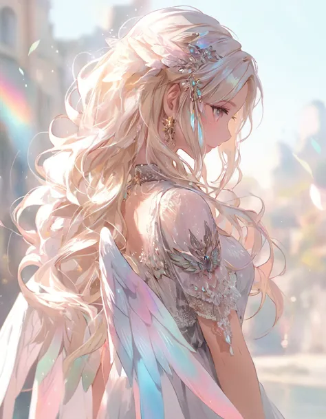 Anime girl with long blonde hair and wings, Beautiful fantasy anime, Anime fantasy illustration, Detailed digital anime art, Ani...