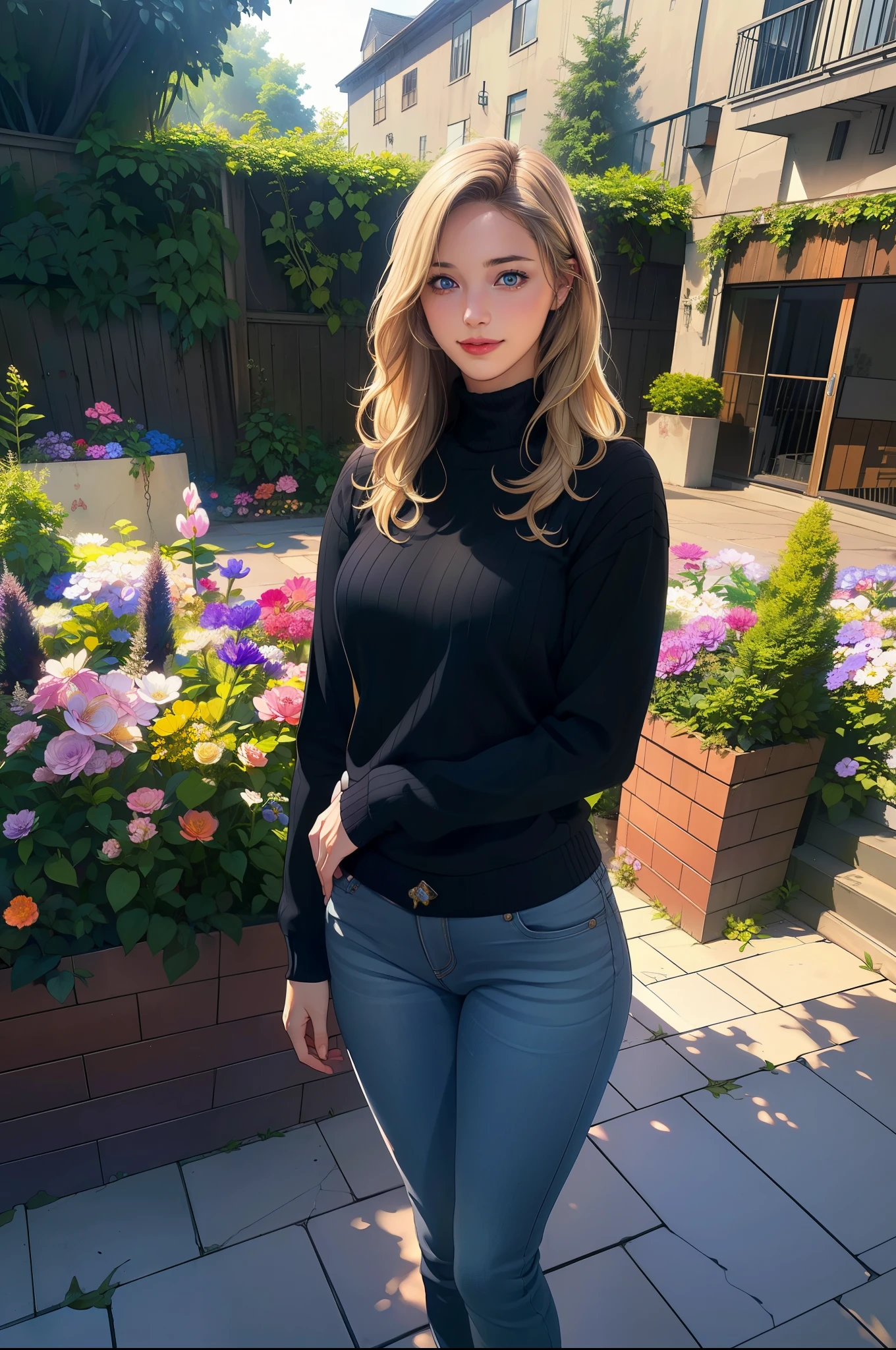 1girl, long blonde hair, beautiful detailed eyes, blue eyes, beautiful detailed lips, smile, gray sweater, long black jeans, blue shoes, standing, flower garden, (best quality,8k,highres,masterpiece:1.2),ultra-detailed,(realistic,photorealistic,photo-realistic:1.37),HDR,vivid colors,natural lighting,cinematic mood,fantasy,soft lighting