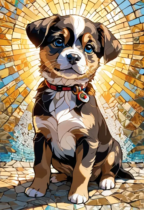 portrait of a puppy  adventurer ,radiant mosaic:1.2, catch the sun:0.8, inject warmth and energy into a space like shards of gla...