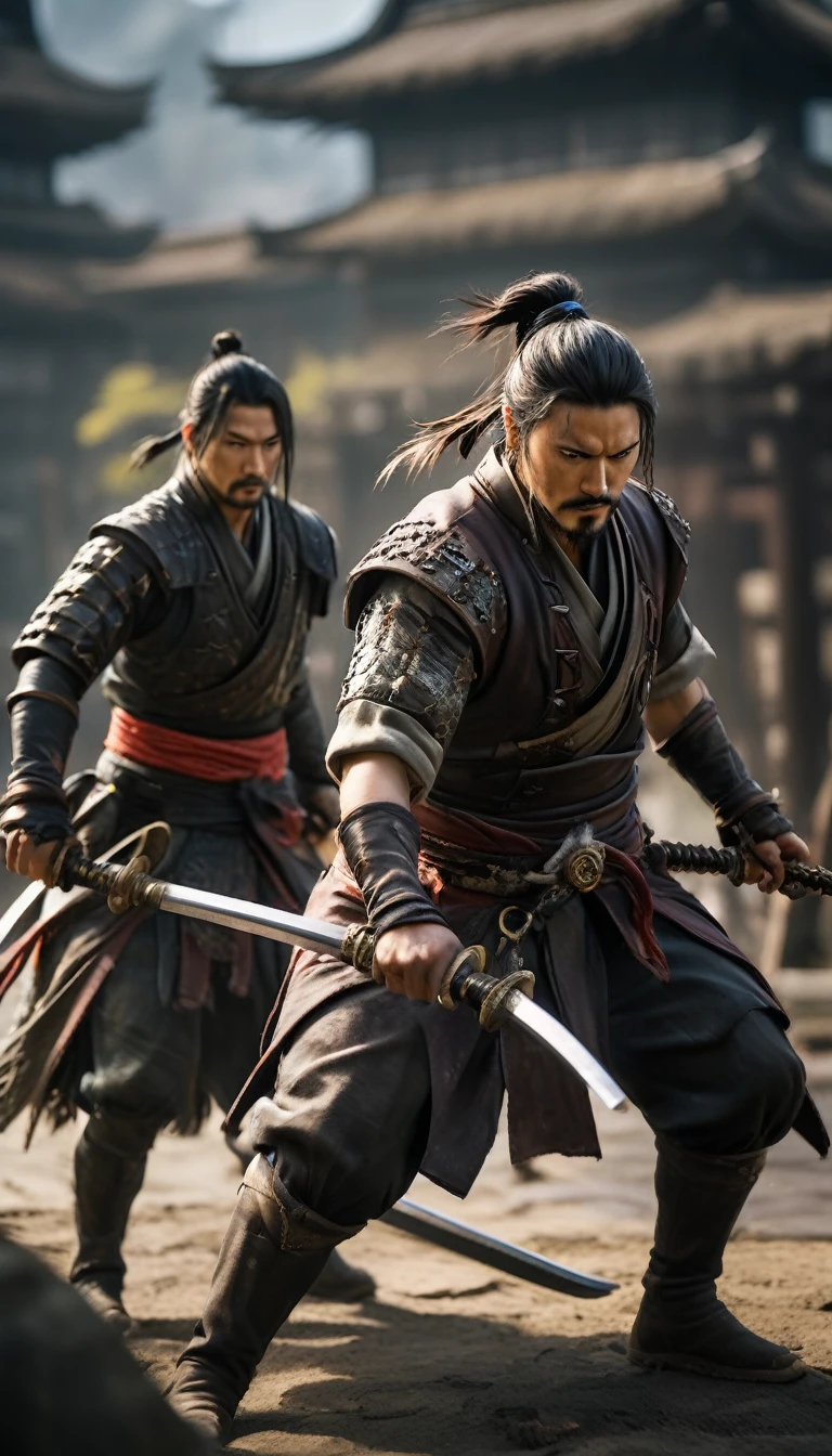 Hanzo Hatori and Ieyasu crossing a dangerous, heavily guarded area, hyper realistic, ultra detailed hyper realistic, photorealistic, Studio Lighting, reflections, dynamic pose, Cinematic, Color Grading, Photography, Shot on 50mm lens, Ultra-Wide Angle, Depth of Field, hyper-detailed, beautifully color, 8k