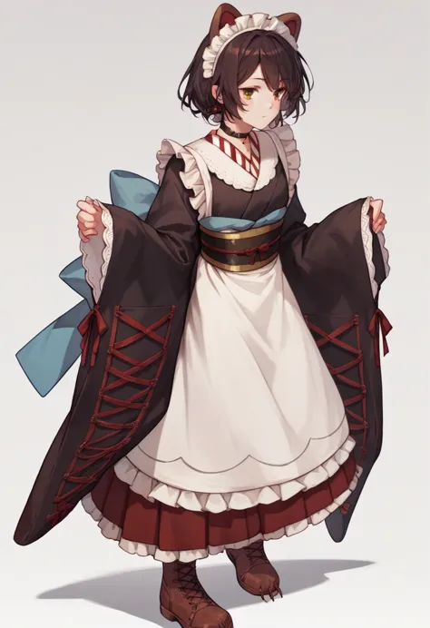 choker, maid headdress, black kimono, wide sleeves, frills, obi, white apron, sleeves past wrists, skirt, red skirt, brown footw...