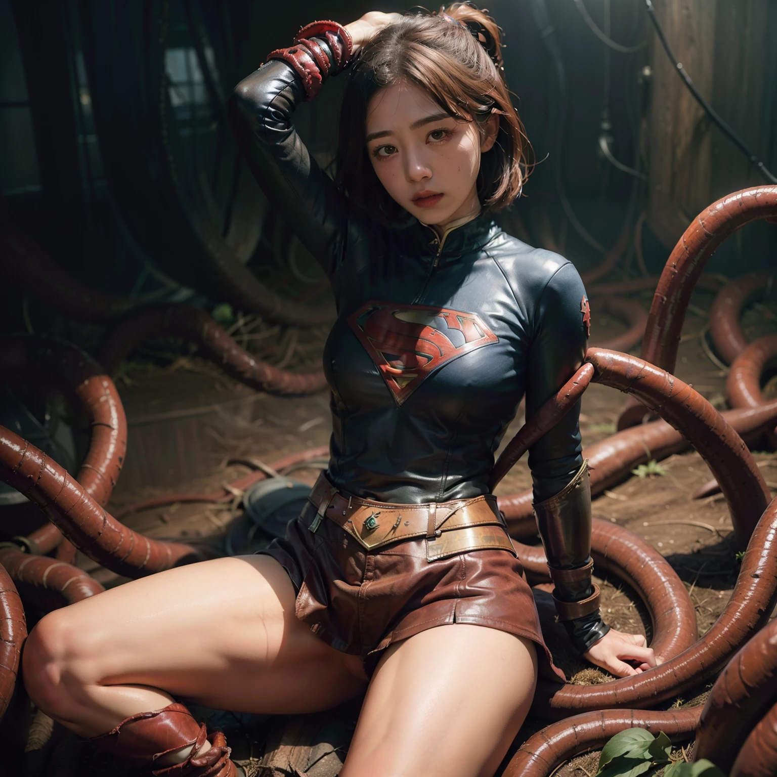 masterpiece,Supergirl Costume, short hair, 正確なSupergirl Costume、Shiny、Long sleeve、Red mini skirt、Thick tentacles wrapped around both arms、Giant octopus face behind、