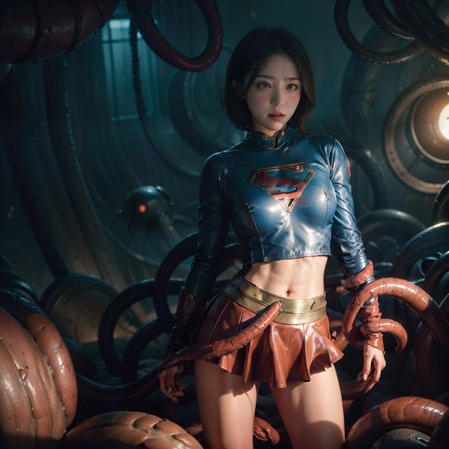 masterpiece,Supergirl Costume, short hair, 正確なSupergirl Costume、Shiny、Long sleeve、Red mini skirt、Thick tentacles wrapped around both arms、Giant octopus face behind、