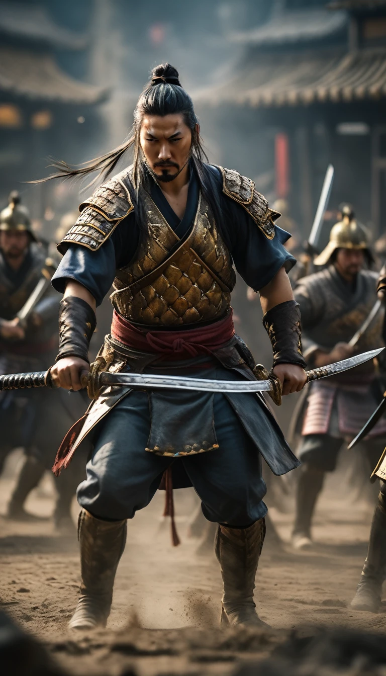 Hanzo Hatori leading a charge in a chaotic Sengoku-era battle., hyper realistic, ultra detailed hyper realistic, photorealistic, Studio Lighting, wearing a gold crown, reflections, dynamic pose, Cinematic, Color Grading, Photography, Shot on 50mm lens, Ultra-Wide Angle, Depth of Field, hyper-detailed, beautifully color, 8k