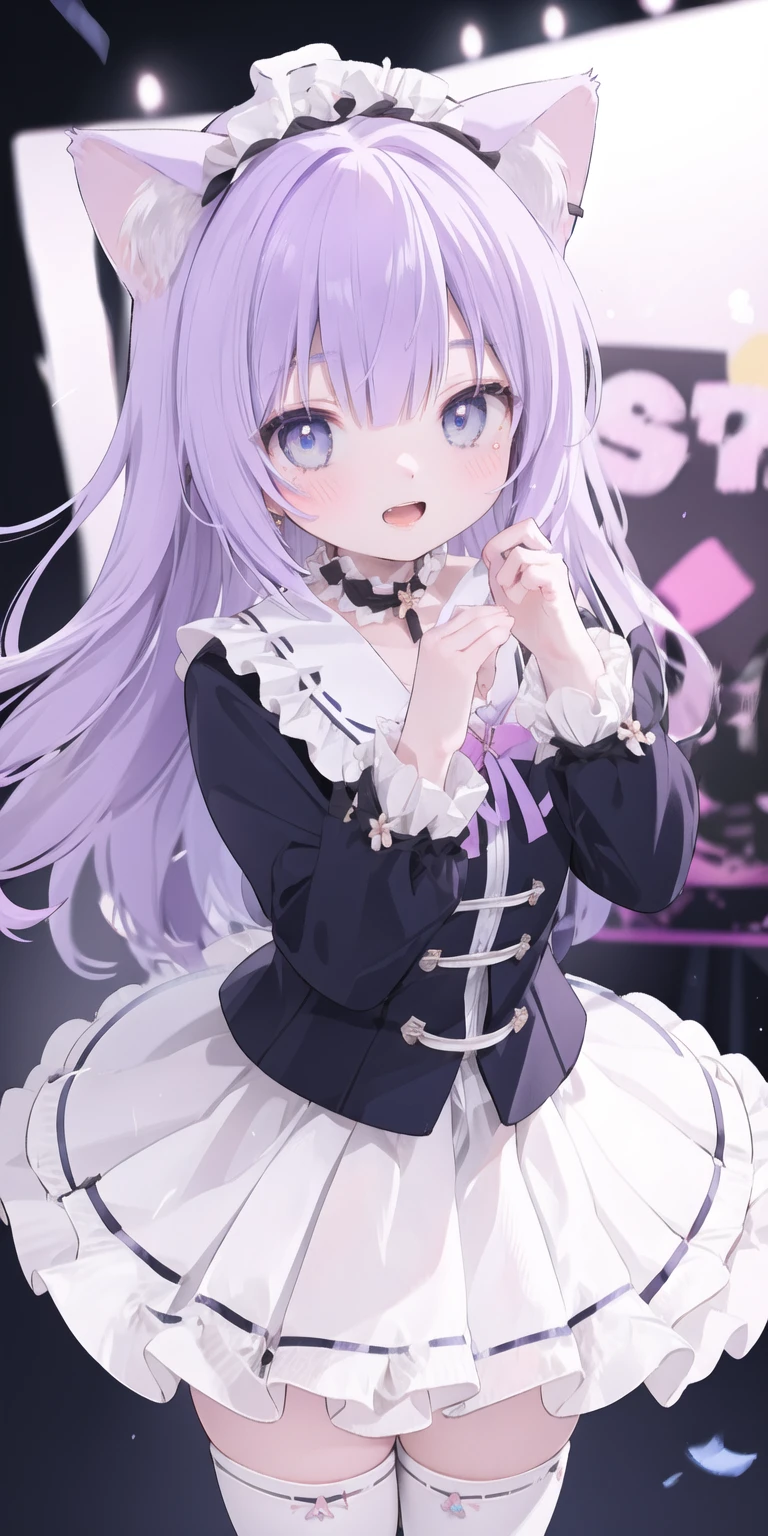 charming ,Long hair,Purple Hair，Close one eye，Smile，open mouth，Artifact Marking，A charming look,charming gesture，Sing，Big blue eyes,White Lolita,Pleated Skirt,Cat ears,Cat&#39;Tail,Beautiful gloves,Hair accessories,bow tie，Leg ring，White boots，whole body,stage，one person