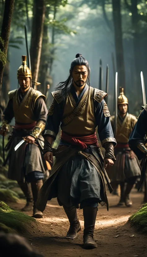 hanzo hatori leading ieyasu and his retinue through a forest, evading pursuers, hyper realistic, ultra detailed hyper realistic,...