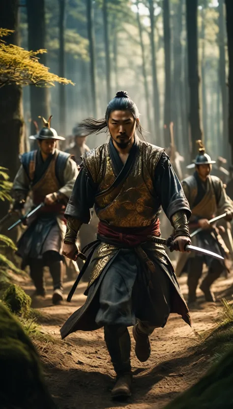 hanzo hatori leading ieyasu and his retinue through a forest, evading pursuers, hyper realistic, ultra detailed hyper realistic,...