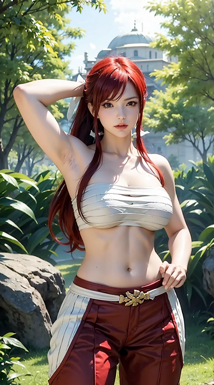 photorealistic, high resolution, 1women, mature female, solo, hips up, fairy tail, 1girl, long hair, red hair, ponytail, white ribbon, hair over one eye, brown eyes, large breasts, collarbone, chest sarashi, bandage, bare arms, midriff, red hakama, red pants