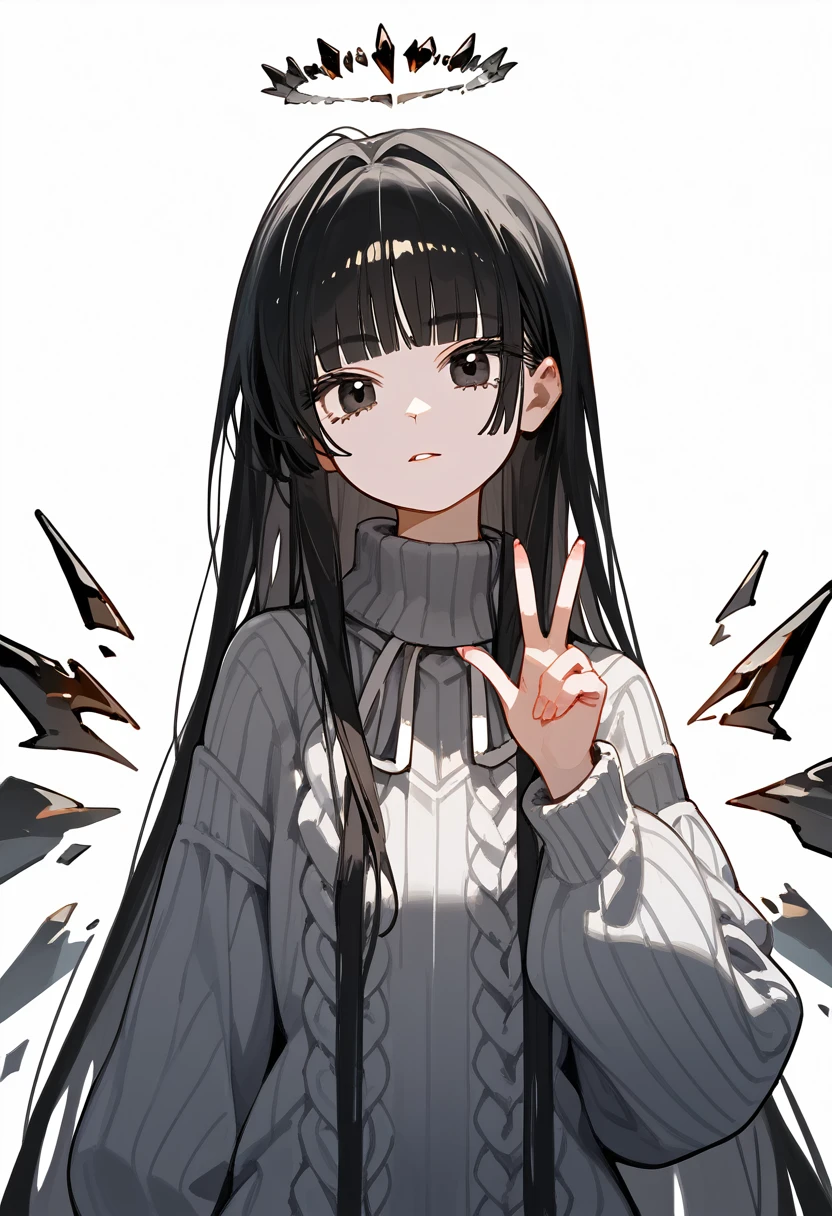 (check_9, check_8_up, check_7_up), 1 girl, cute young girl, black hair, Blunt bangs, long hair, broken halo, black eyes, a mole under the right eye, Alternative clothing, virgin killer sweater, cut off sleeves, gray sweater, Energy Wings, Looking at the viewer, upper body, decrease, , Peace of mind, portrait, White background,