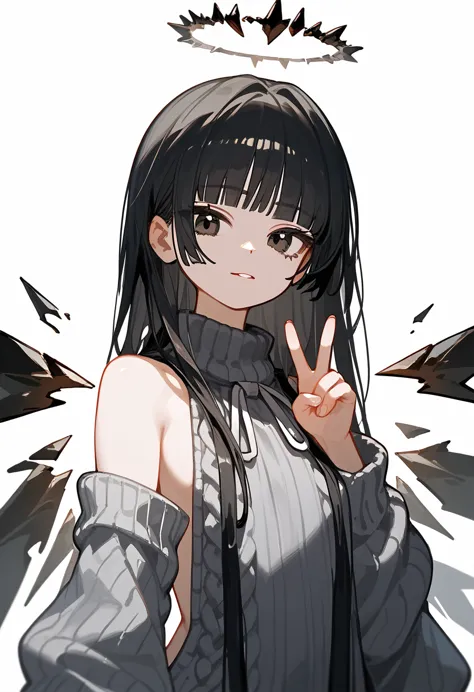 (check_9, check_8_up, check_7_up), 1 girl, cute young girl, black hair, blunt bangs, long hair, broken halo, black eyes, a mole ...