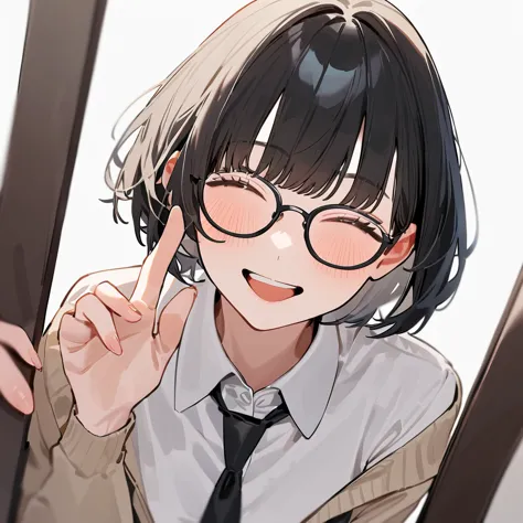 masterpiece, highest quality, so beautiful, absurd,
one girl, alone, black hair, bobcut,
thermont 16a, glasses, 
collared shirt,...