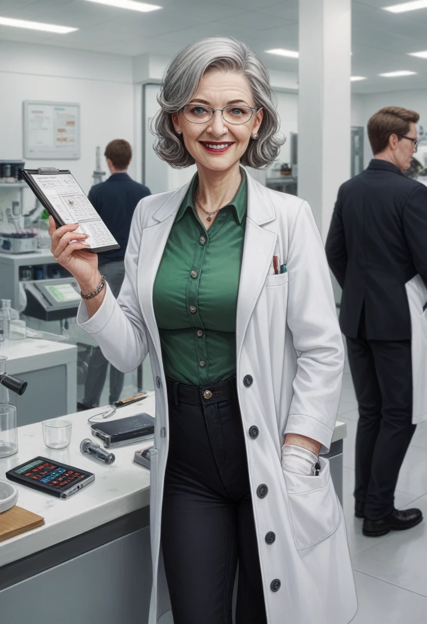 hyperrealistic art cinematic film still lower angle photography in the style of detailed hyperrealism photoshoot . (widehips) Extremely high-resolution details, photographic, realism pushed to extreme, fine texture, incredibly, elderly frail wrinkle woman, short gray hair, (lab coat with green blouse and black pants), in dark laboratory, holding  a science beaker with a coy smile
