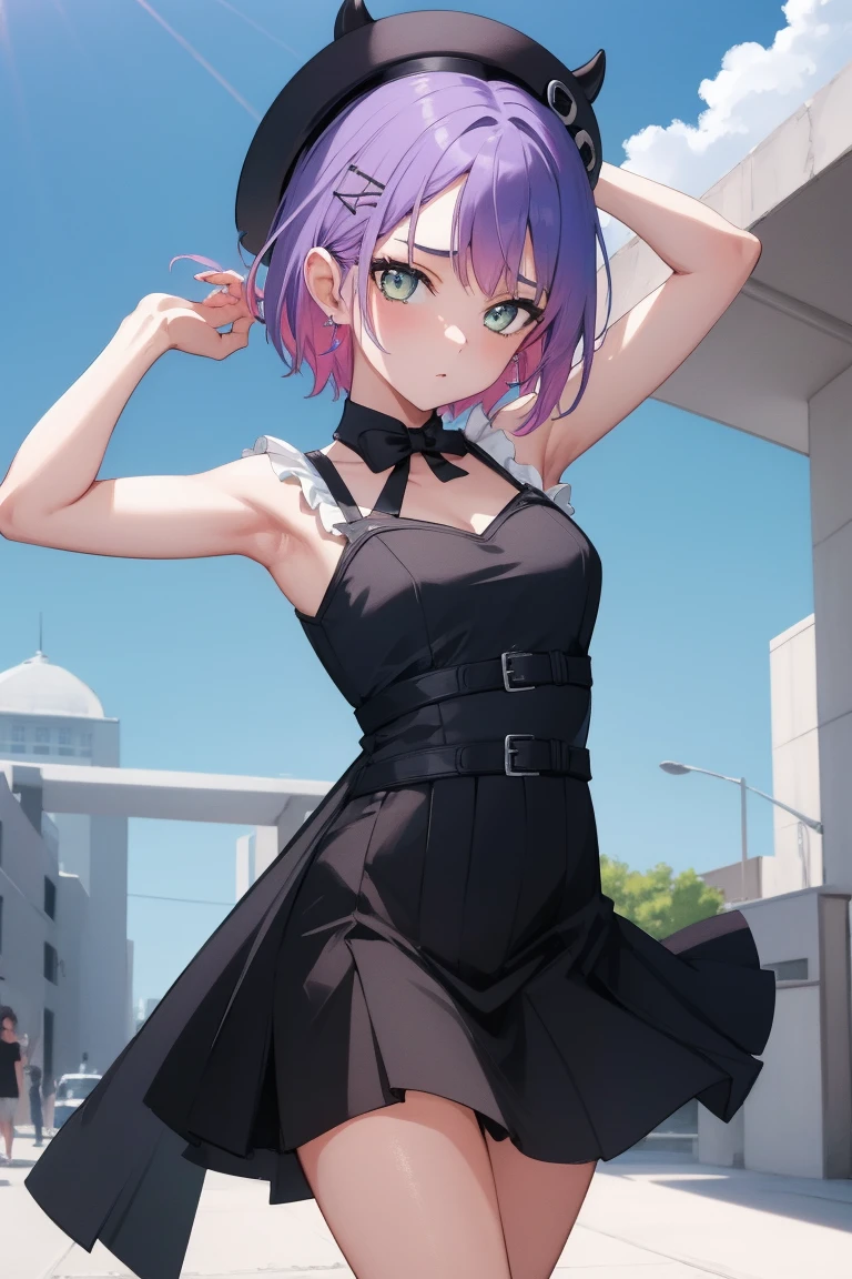 (Day:1.7), Sky Background,Blue sky and clouds,
Upright immobile posture,Underarm,Raise your arms,
Black Wedding Dress,Black Bridal Veil,Off the shoulder,
Bitowa, short hair, Black Hat, beret, False horns, hair ornaments, Earrings, Devil&#39;s Tail, 
1 Girl, 20-year-old,young woman,beautiful Finger,beautiful long legs,beautiful body,beautiful Nose,beautiful character design, perfect eye, perfect face,
View your viewers, (Innocent_big_eye:1.0),(Expressionless:1.3),
Browsing Caution,Official Art,非常に詳細な CG ユニティ 8K 壁紙, Perfect lighting,colorful, bright_front_face_Lighting,
(masterpiece:1.0),(Highest_quality:1.0), 超High resolution,4K,Super detailed,
photograph, 8K, High resolution, High resolution, Absurd:1.2, 400 for Kodak Port, Film Grain, Blurred Background, Bokeh:1.2, Lens flare, (Vibrant_color:1.2)
(beautiful,Moderate_chest:1.4), (beautiful_face:1.5),(narrow_Waist),(Perfect hands, Perfect Anatomy),