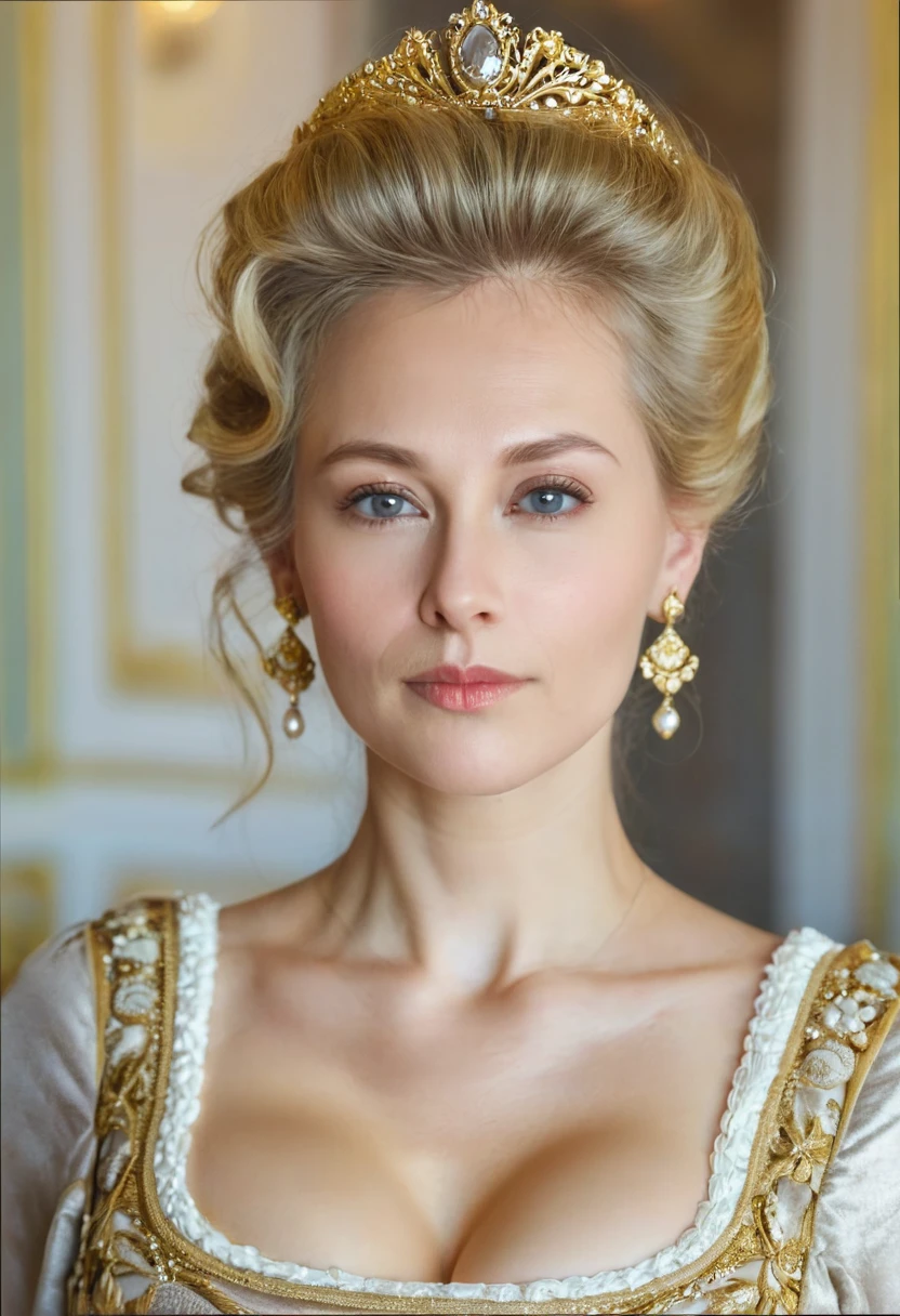 Close up shot , looking at viewer, Russian girl, 40 age old, (Blond hair, middle hair ,  wince, Gray eyes, beautiful lip,  serious),  gold crescent earrings, gold neckless, (big breasts, slender whist, wide hip, real public hair) ,(Rococo 18the century dress) , (gold earing , peal neckless. tiara with Dimond),   Palace, in Moskva, textured skin , HI detailed skin, (foreshortening, Canon, UHD, anatomically correct,  super detail, high details, highness, 