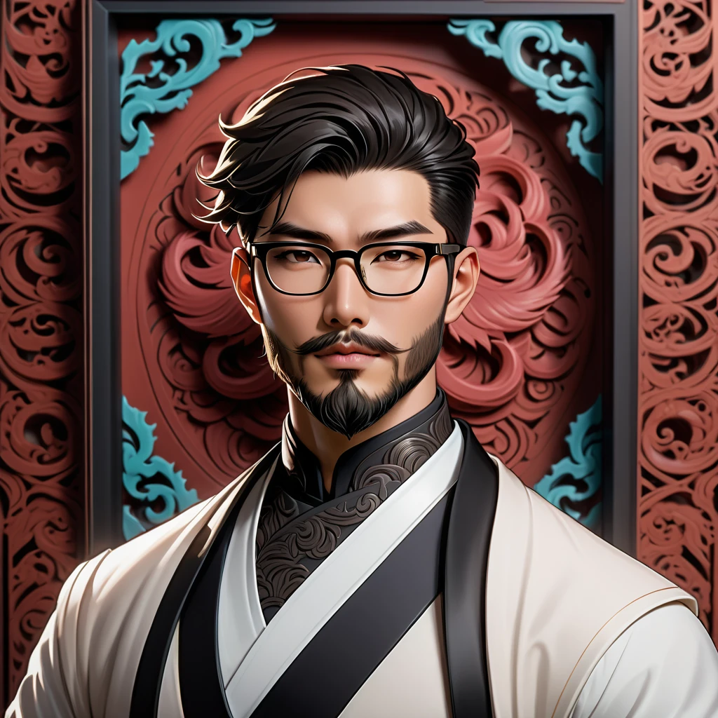 High quality fantasy artifact concept art, simple background,  carved high-end porcelain, complex, gorgeous, 8k, an Asian man with stubble, short beard, short mustache, Beard scum, slightly curly hair, and black square plastic-framed glasses