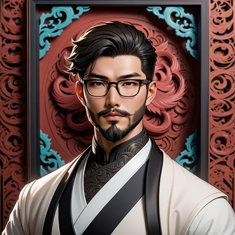 high quality fantasy artifact concept art, simple background,  carved high-end porcelain, complex, gorgeous, 8k, an asian man wi...