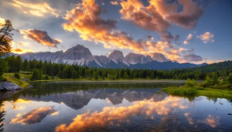 detailed landscape, stunning mountain vista, dramatic sunset sky, beautiful golden hour lighting, lush green forest below, rocky...