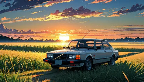 1985 saab 900 turbo、anime scenery of a girl sitting in tall grass with a sunset in the background.beautiful anime scene, beautif...