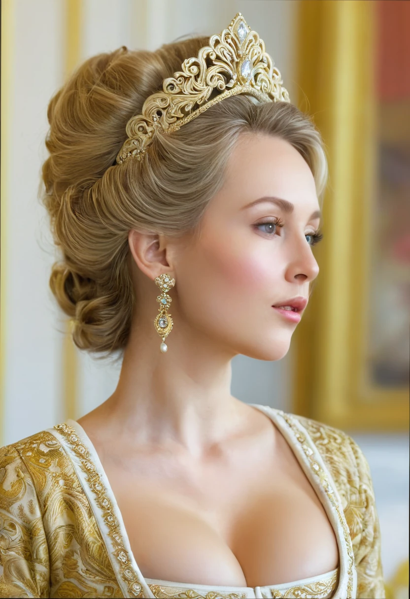 Side view , looking at viewer, Russian girl, 40 age old, (Blond hair, middle hair ,  wince, Gray eyes, beautiful lip,  serious),  gold crescent earrings, gold neckless, (big breasts, slender whist, wide hip, real public hair) ,(Rococo 18the century dress) , (gold earing , peal neckless. tiara with Dimond),   Palace, in Moskva, textured skin , HI detailed skin, (foreshortening, Canon, UHD, anatomically correct,  super detail, high details, highness, 