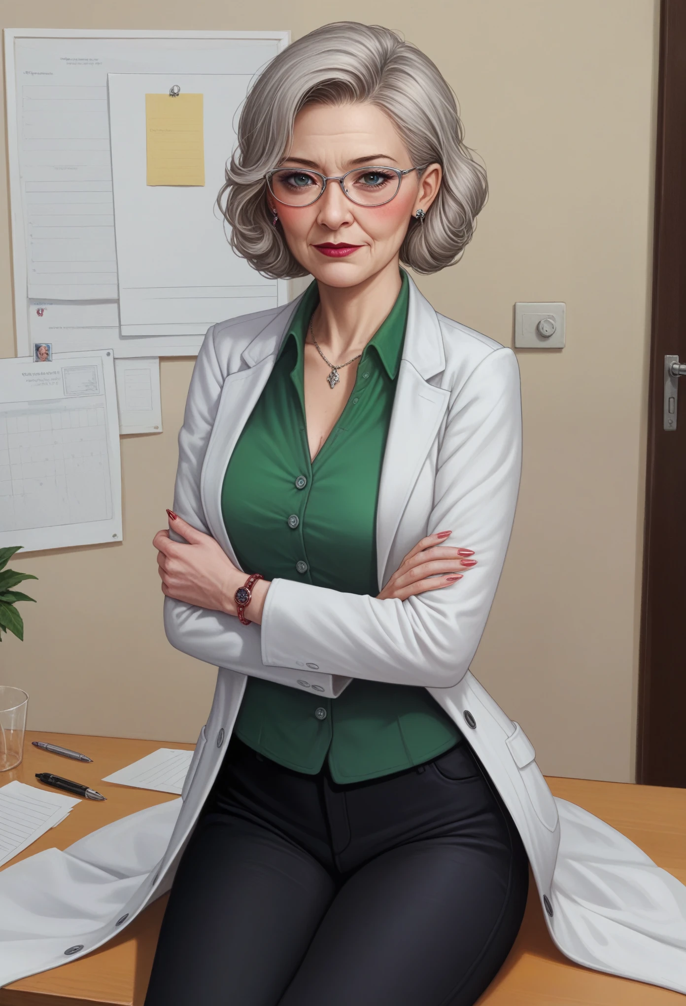 hyperrealistic art cinematic film still lower angle photography in the style of detailed hyperrealism photoshoot . (widehips) Extremely high-resolution details, photographic, realism pushed to extreme, fine texture, incredibly, elderly frail wrinkle woman, short gray hair, (lab coat with green blouse and black pants),sitting in office alone, blushing
