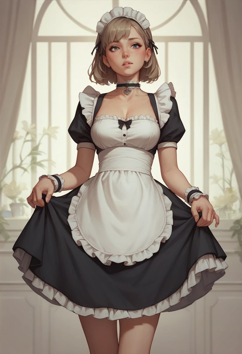 choker, Maid&#39;s Headdress, Black kimono, Wide sleeves, Frills, heart, White apron, Sleeves are longer than the wrist, skirt, red skirt, Brown footwear, Cross-laced shoes、Huge breasts、Upper Body、blush、Cleavage、Huge penis、Staring at the penis、Sweat、Surprised Eyes、