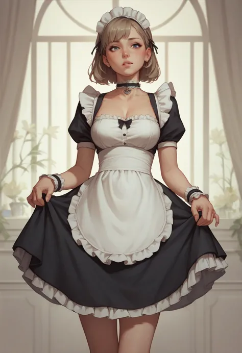 choker, maid&#39;s headdress, black kimono, wide sleeves, frills, heart, white apron, sleeves are longer than the wrist, skirt, ...