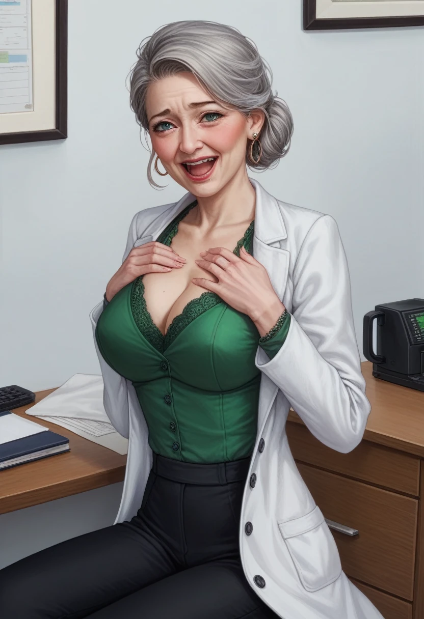 hyperrealistic art cinematic film still lower angle photography in the style of detailed hyperrealism photoshoot . (widehips) Extremely high-resolution details, photographic, realism pushed to extreme, fine texture, incredibly, elderly frail woman, medium gray hair, (lab coat with green blouse and black pants),sitting in office alone, blushing smile, clutching chest ((headback_moaning_openmouth))
