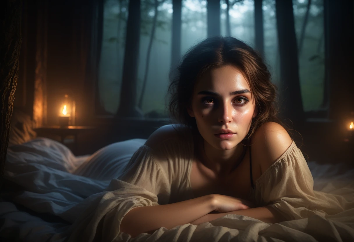 Beautiful young woman with sleepy smoky eyes ,  
comfortable, Lying in a room with a dark art view of the forest , Dim Light, Rim Light, Dark Shadows, Dramatic lighting,