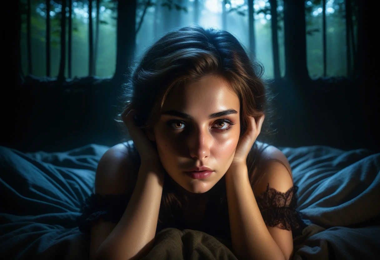 Beautiful young woman with sleepy smoky eyes ,  
comfortable, Lying in a room with a dark art view of the forest , Dim Light, Rim Light, Dark Shadows, Dramatic lighting,