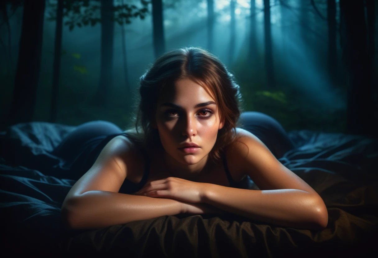 Beautiful young woman with sleepy smoky eyes ,  
comfortable, Lying in a room with a dark art view of the forest , Dim Light, Rim Light, Dark Shadows, Dramatic lighting,