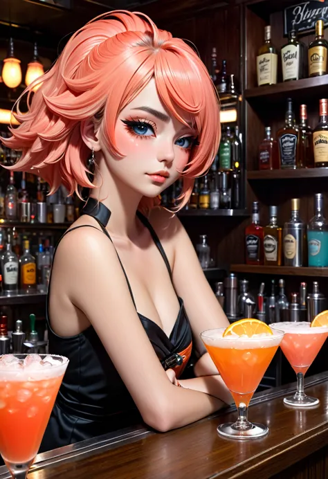 bar, bartender, drinks at the counter, sleeping at the counter of the bar, 8k, hyper detailed, perfect eyes, coral punk