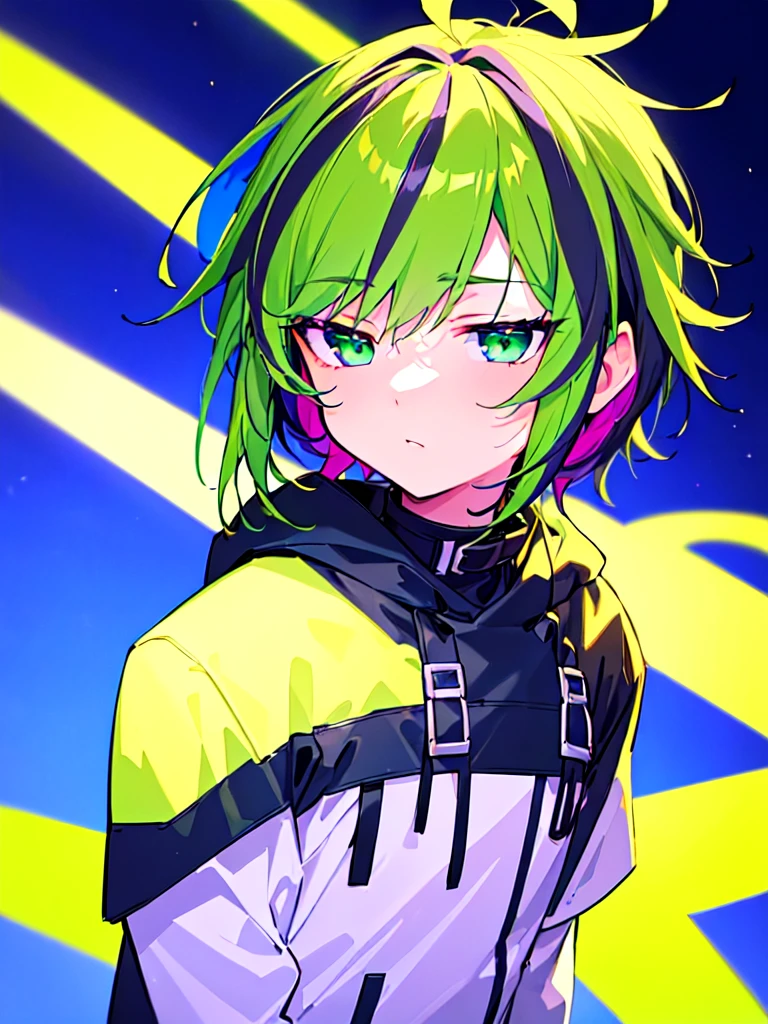 [(SUMMER BACKGROUND:1.5),::5], ((((masterpiece)))), high quality, ultra very high resolution, full color, (((solo))), ((little boy)), Purple hair, ((Green streaked hair)), (Green eyes), anime, ((upper body)), neon light, black parka, 