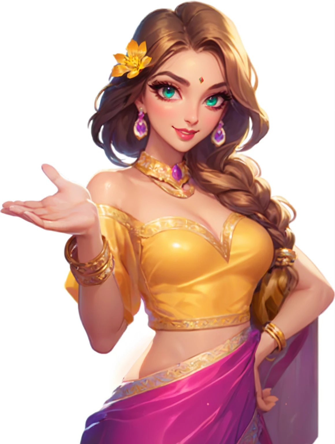 A woman in pink clothes holding a flower, Portrait of a Modern Darna, Astrie Lohne, Indian Goddess of wealth, Royal elegance, Style Art, Gilded Lotus Princess, Imperial posture, Senna in League of Legends, in Art style, Art style, Indian Goddess, artger Details