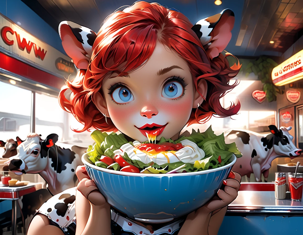 a 3D digital painting picture of extremely beautiful  (anthropomorphic cpw:1.3) serving a big bowl of salad in American diner, an exquisite beautiful female (cow anthropomorphic:1.3), ultra feminine ultra detailed face, red hair, short hair, little fury, red lips, blue eyes, wearing sexy white seductive latex dress, looking at a American  kitchen background,  dynamic angle, , award winning, best quality, high quality, high details, highres, vibrant, Ultra-high resolution, High Contrast, (masterpiece:1.5), highest quality, Best aesthetics, best details, best quality, highres, ultra wide angle, 16k, [ultra detailed], masterpiece, best quality,  photorealistic, 3D rendering, furry