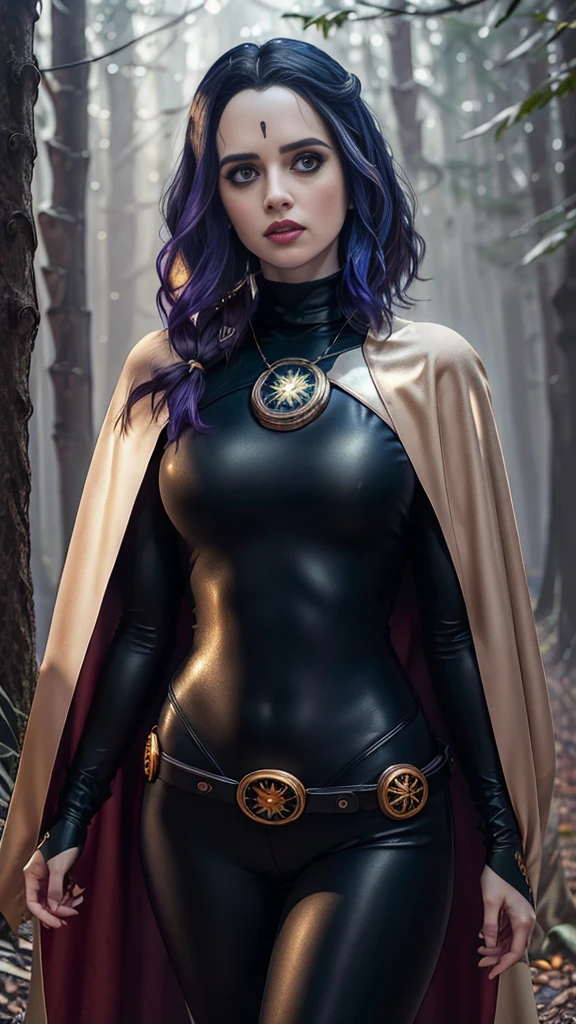 Laura Marano, cowboy shot of rvn, hotraven, pale skin, black leotard, turtleneck, tights, cape, glowing eyes, gold belt, jewels, medallion, athletic, looking at viewer, night, dark forest, mist, fog, volumetric lighting, best quality, masterpiece, intricate details, tonemapping, sharp focus, hyper detailed, realistic