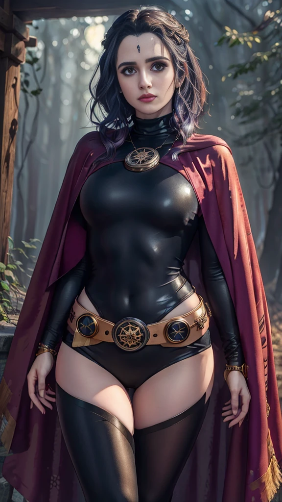 Laura Marano, cowboy shot of rvn, hotraven, pale skin, black leotard, turtleneck, tights, cape, glowing eyes, gold belt, jewels, medallion, athletic, looking at viewer, night, dark forest, mist, fog, volumetric lighting, best quality, masterpiece, intricate details, tonemapping, sharp focus, hyper detailed, realistic