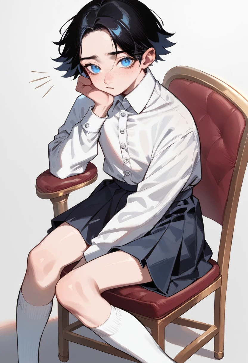 score_9, score_8_up, score_7_up, source_anime,1boy, solo, femboy, black hair, blue eyes, , white shirt, skirt, socks, classrom, sitting, on chair