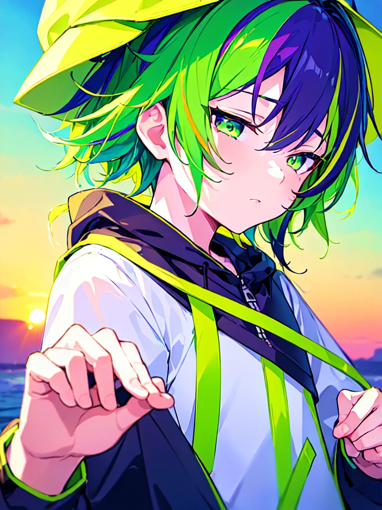 [(SUMMER BACKGROUND:1.5),::5], ((((masterpiece)))), high quality, ultra very high resolution, full color, (((solo))), ((little boy)), Purple hair, ((Green streaked hair)), (Green eyes), anime, ((upper body)), neon light, black parka, OVERDRIVE, SUNSET