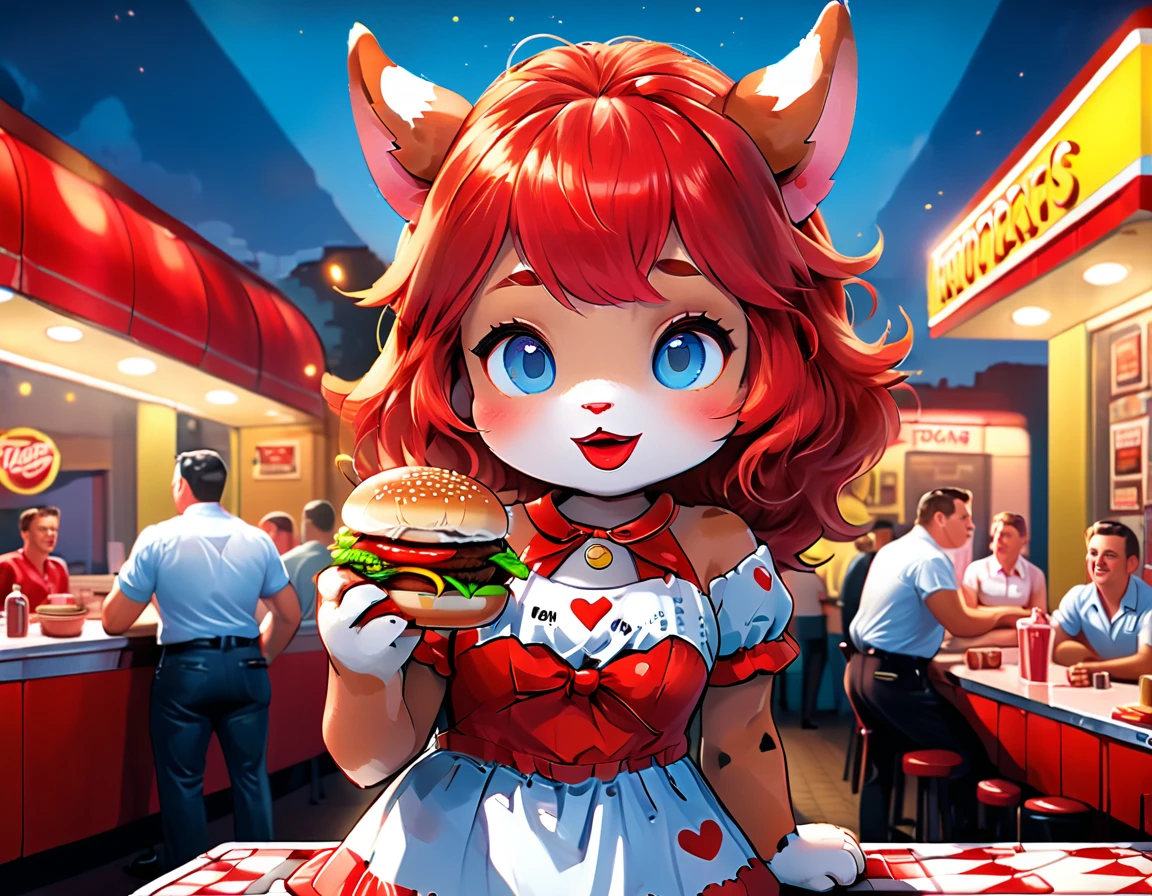 a 3D digital painting picture of extremely beautiful  (anthropomorphic cpw:1.3) serving a big hamburger in American diner, an exquisite beautiful female (cow anthropomorphic:1.3), ultra feminine ultra detailed face, red hair, short hair, little fury, red lips, blue eyes, wearing sexy white seductive latex dress, looking at a American  kitchen background,  dynamic angle, , award winning, best quality, high quality, high details, highres, vibrant, Ultra-high resolution, High Contrast, (masterpiece:1.5), highest quality, Best aesthetics, best details, best quality, highres, ultra wide angle, 16k, [ultra detailed], masterpiece, best quality,  photorealistic, 3D rendering, furry