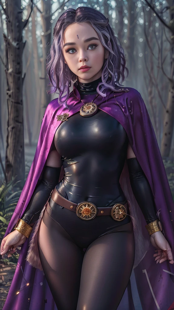 Brec Bassinger, cowboy shot of rvn, hotraven, pale skin, black leotard, turtleneck, tights, cape, glowing eyes, gold belt, jewels, medallion, athletic, looking at viewer, night, dark forest, mist, fog, volumetric lighting, best quality, masterpiece, intricate details, tonemapping, sharp focus, hyper detailed, realistic