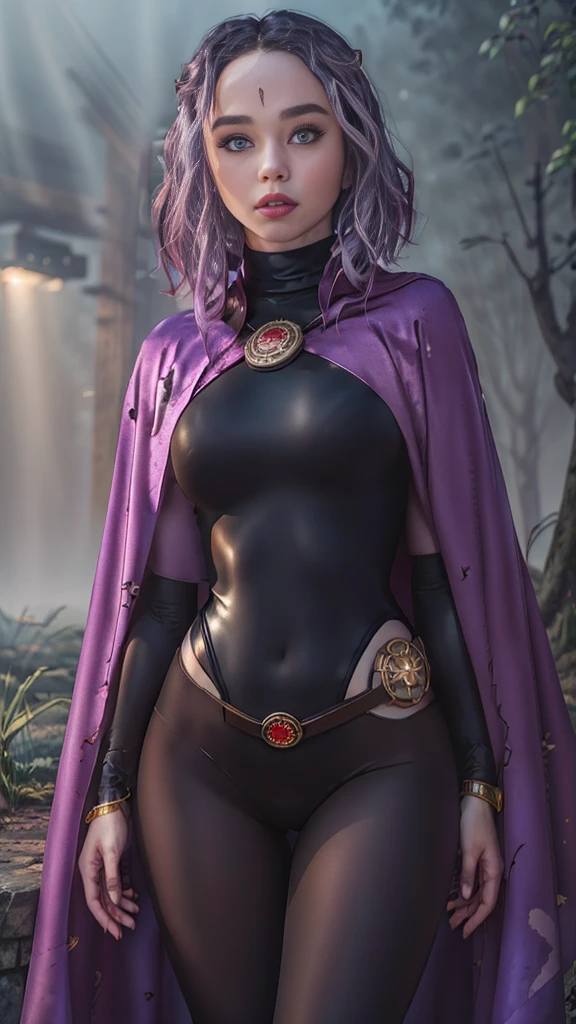 Brec Bassinger, cowboy shot of rvn, hotraven, pale skin, black leotard, turtleneck, tights, cape, glowing eyes, gold belt, jewels, medallion, athletic, looking at viewer, night, dark forest, mist, fog, volumetric lighting, best quality, masterpiece, intricate details, tonemapping, sharp focus, hyper detailed, realistic