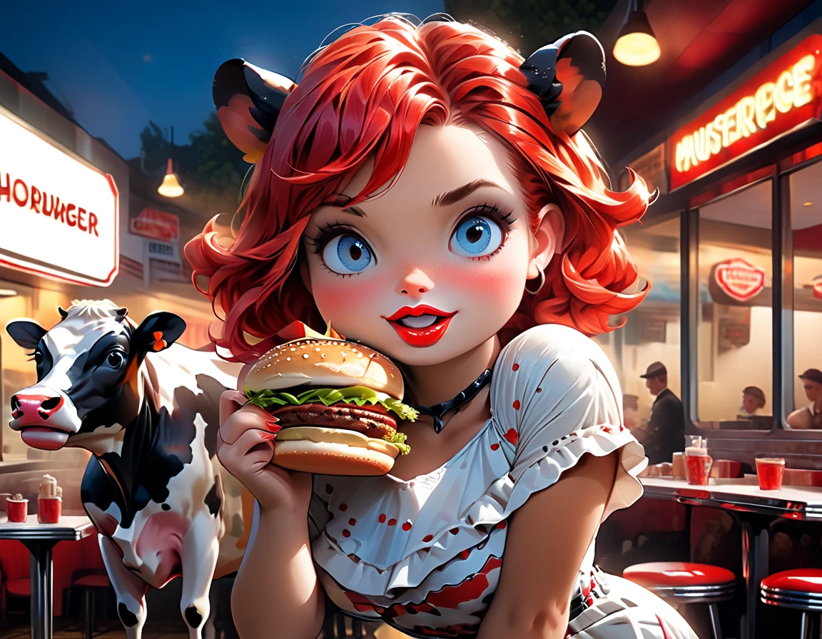 a 3D digital painting picture of extremely beautiful  (anthropomorphic cpw:1.3) serving a big hamburger in American diner, an exquisite beautiful female (cow anthropomorphic:1.3), ultra feminine ultra detailed face, red hair, short hair, little fury, red lips, blue eyes, wearing sexy white seductive latex dress, looking at a American  kitchen background,  dynamic angle, , award winning, best quality, high quality, high details, highres, vibrant, Ultra-high resolution, High Contrast, (masterpiece:1.5), highest quality, Best aesthetics, best details, best quality, highres, ultra wide angle, 16k, [ultra detailed], masterpiece, best quality,  photorealistic, 3D rendering, furry