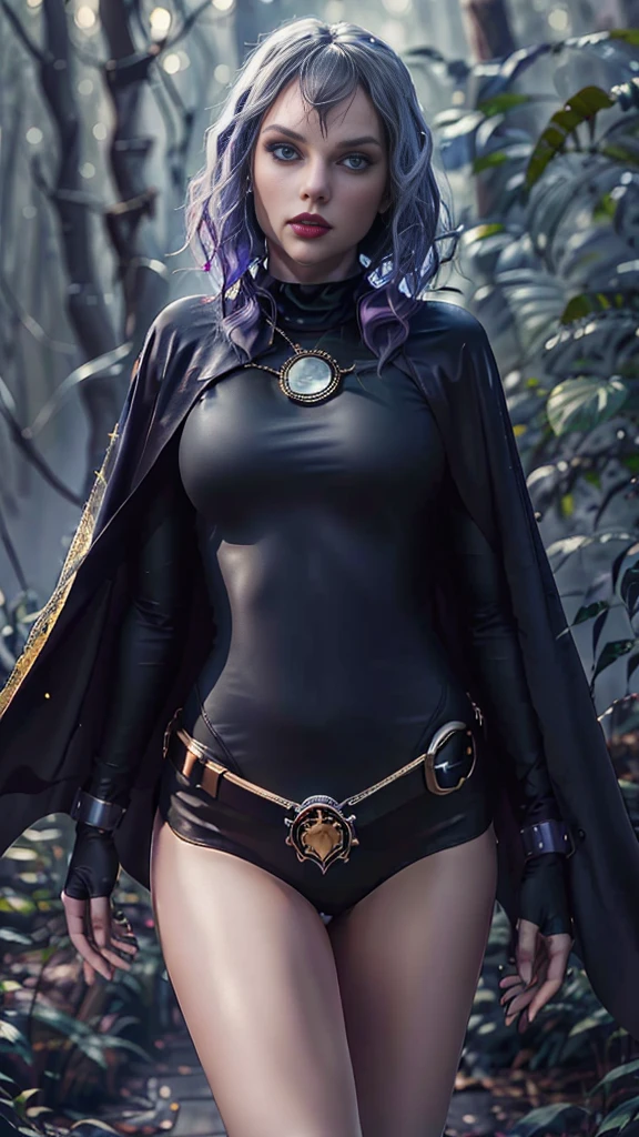 (Taylor Swift), cowboy shot of rvn, hotraven, pale skin, black leotard, turtleneck, tights, cape, glowing eyes, gold belt, jewels, medallion, athletic, looking at viewer, night, dark forest, mist, fog, volumetric lighting, best quality, masterpiece, intricate details, tonemapping, sharp focus, hyper detailed, realistic