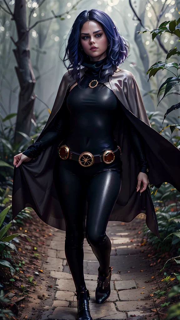 (Selena Gomez), cowboy shot of rvn, hotraven, pale skin, black leotard, turtleneck, tights, cape, glowing eyes, gold belt, jewels, medallion, (athletic and fit body), looking at viewer, night, dark forest, mist, fog, volumetric lighting, best quality, masterpiece, intricate details, tonemapping, sharp focus, hyper detailed, realistic