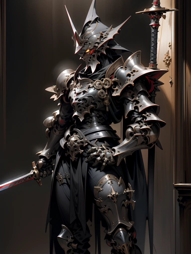 Knight of Arafed standing with sword in dark room, Burnt armor, Black fire-colored reflective armor, Steampunk Bio Armor, Redwood Forest themed armor, Satanic dragon inspired armor, Damaged armor, Gothic Armor, Black and reddish colored armor, Cyberpunk Flame Suit, prince crown of Black Gears, Zombie Cyborg, Satanic! Competitionium!, Black Leather Armor, Black Gears, Fire Sword, (alone), (1 person)