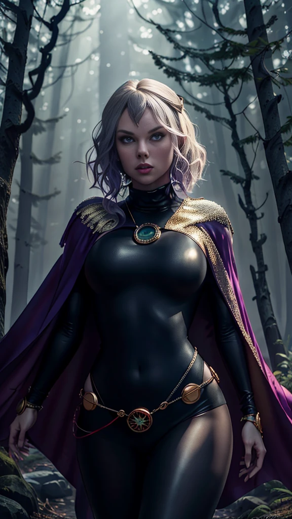 (Taylor Swift), cowboy shot of rvn, hotraven, pale skin, black swimsuit, turtleneck, tights, cape, glowing eyes, gold belt, jewels, medallion, (big breasts),(athletic and fit body), looking at viewer, night, dark forest, mist, fog, volumetric lighting, best quality, masterpiece, intricate details, tonemapping, sharp focus, hyper detailed, realistic