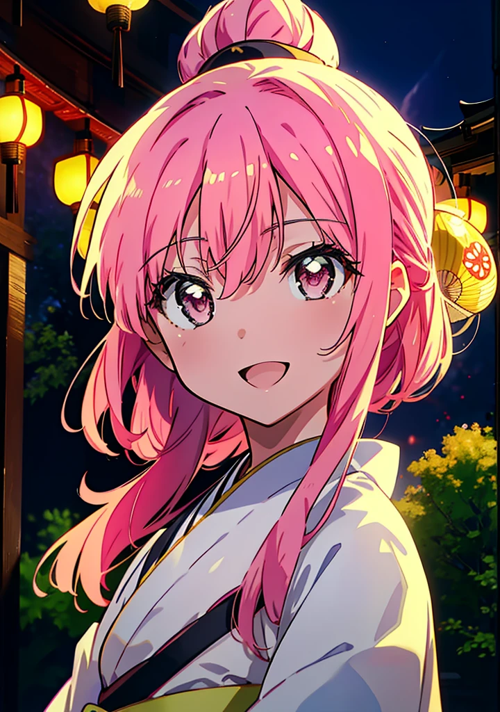 Louise Françoise Le Brun from La V全てiere,Pink Hair,Pink Eyes,Long Hair,ponytail,hair ornaments,happy smile, smile, Open your mouth,White Kimono,Thick sleeves,日本のfestival,夏festivalの屋台,Red Lantern,night,night空のfirework,firework,場所はfirework大会,時間はnightです,sunny day,turn around,まるでwhole bodyがイラストの中にいるかのように,walking,　　　　　　　　　　　　　　　  　　　　　break looking at viewer, whole body, (Cowboy Shot:1. 5),  　　　　　
break outdoors, festival,shrine,
break (masterpiece:1.2), Highest quality, High resolution, unity 8k wallpaper, (shape:0.8), (Beautiful attention to detail:1.6), Highly detailed face, Perfect lighting, Extremely detailed CG, (Perfect hands, Perfect Anatomy),