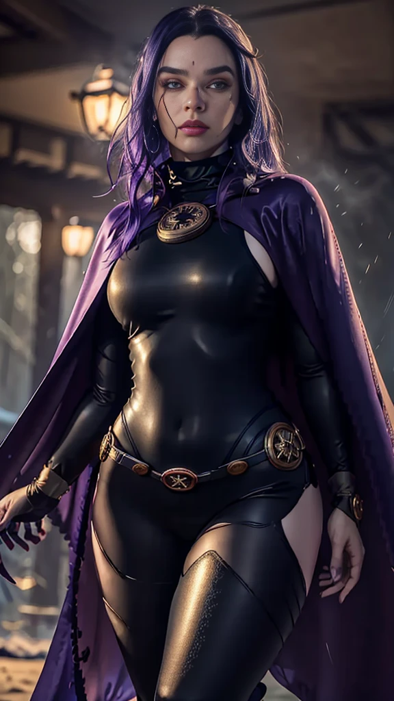 1girl, cowboy shot of rvn, hotraven, pale skin, black swimsuit, turtleneck, tights, cape, glowing eyes, gold belt, jewels, medallion, (big breasts),(athletic and fit body), looking at viewer, night, dark forest, mist, fog, volumetric lighting, best quality, masterpiece, intricate details, tonemapping, sharp focus, hyper detailed, realistic